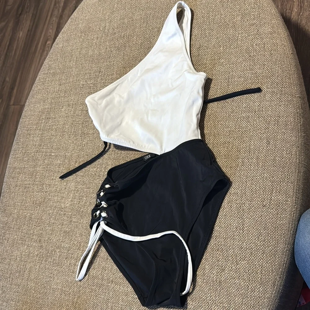 OYE swimwear Kim lace-up one piece black & white designer swimsuit ties small